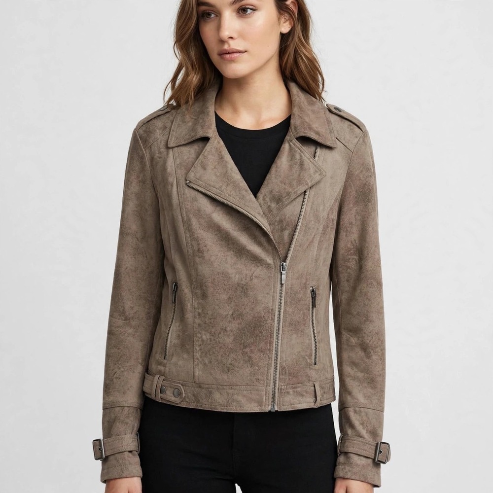 BNCI by Blanc Noir Women Taupe Faux Suede Moto Jacket Asymmetric Zip SAMESS104FS